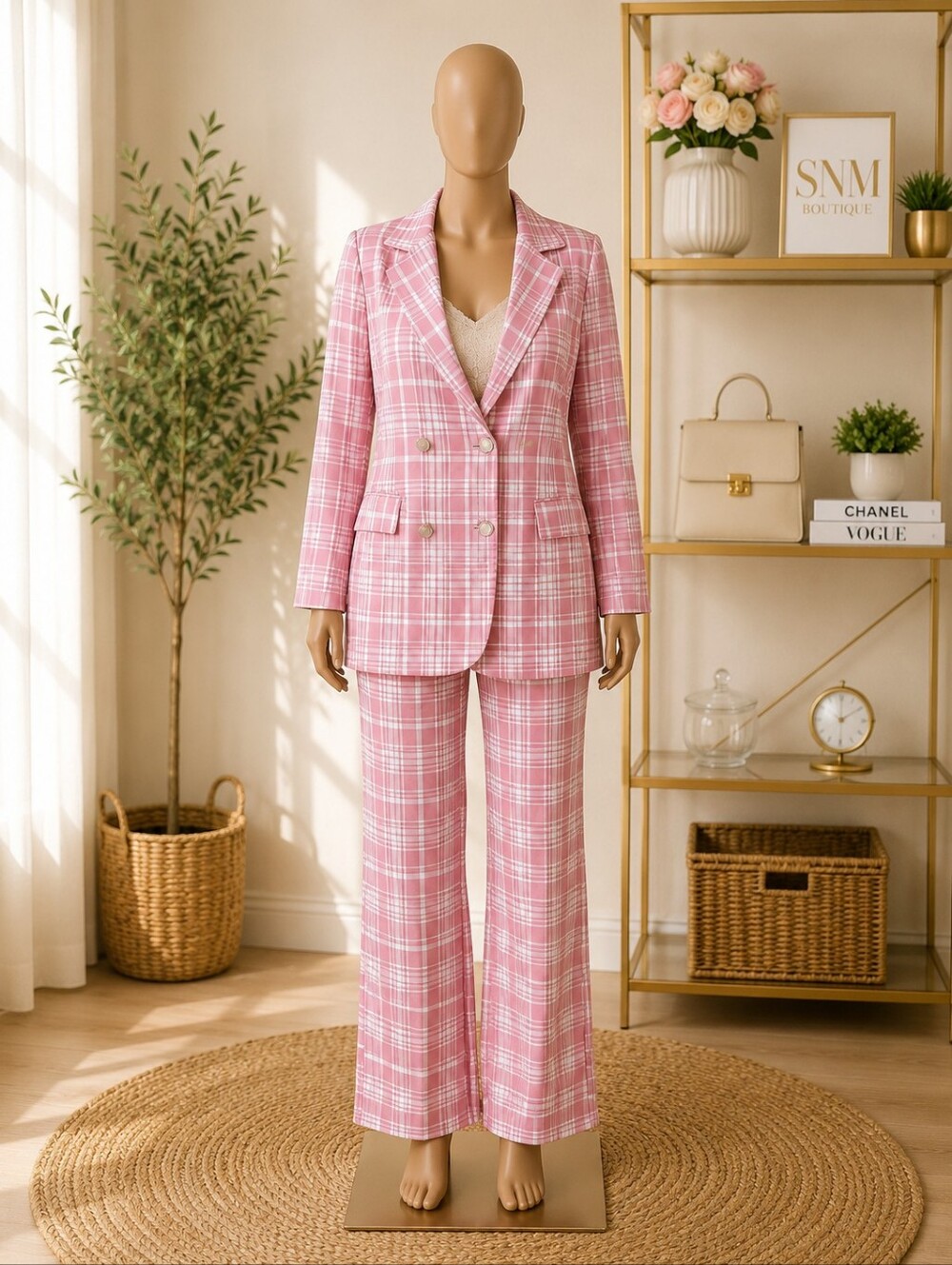 Classic Pink Plaid Double-Breasted Blazer & Trouser Set